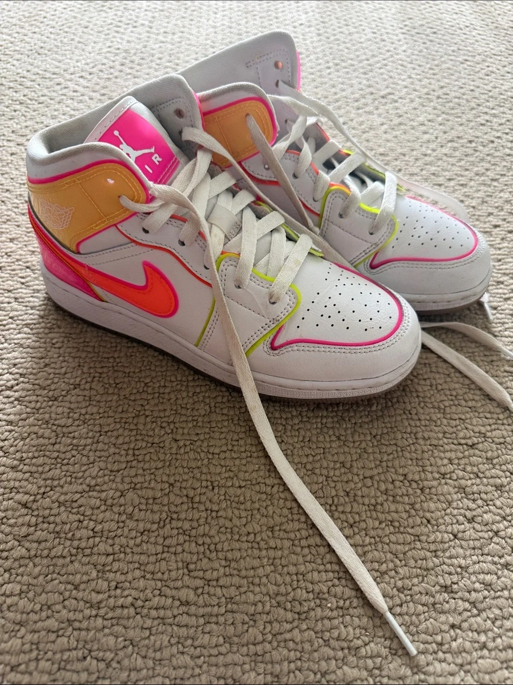 Jordan Kids White Sneakers with Neon Pink, Orange & Yellow Accents